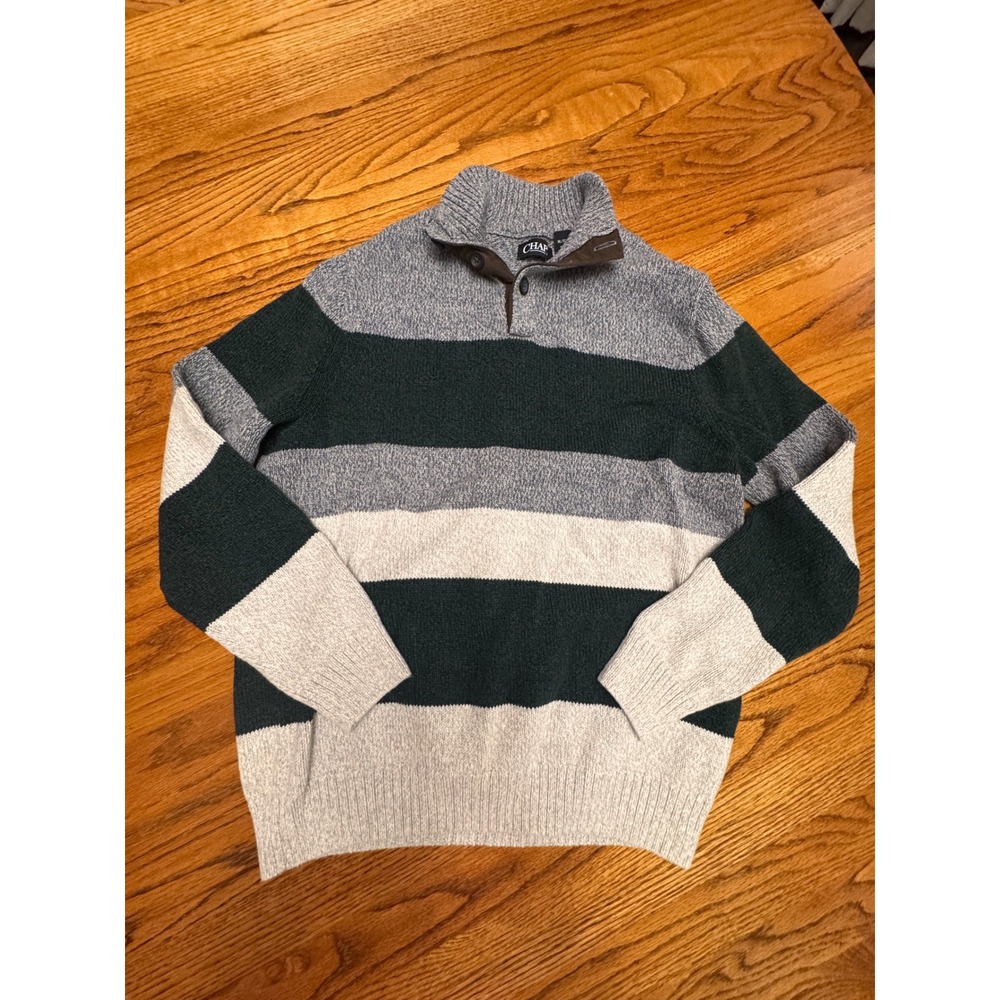 Chaps Mens XL Mock Neck Striped Button Pullover Sweater Green Grey